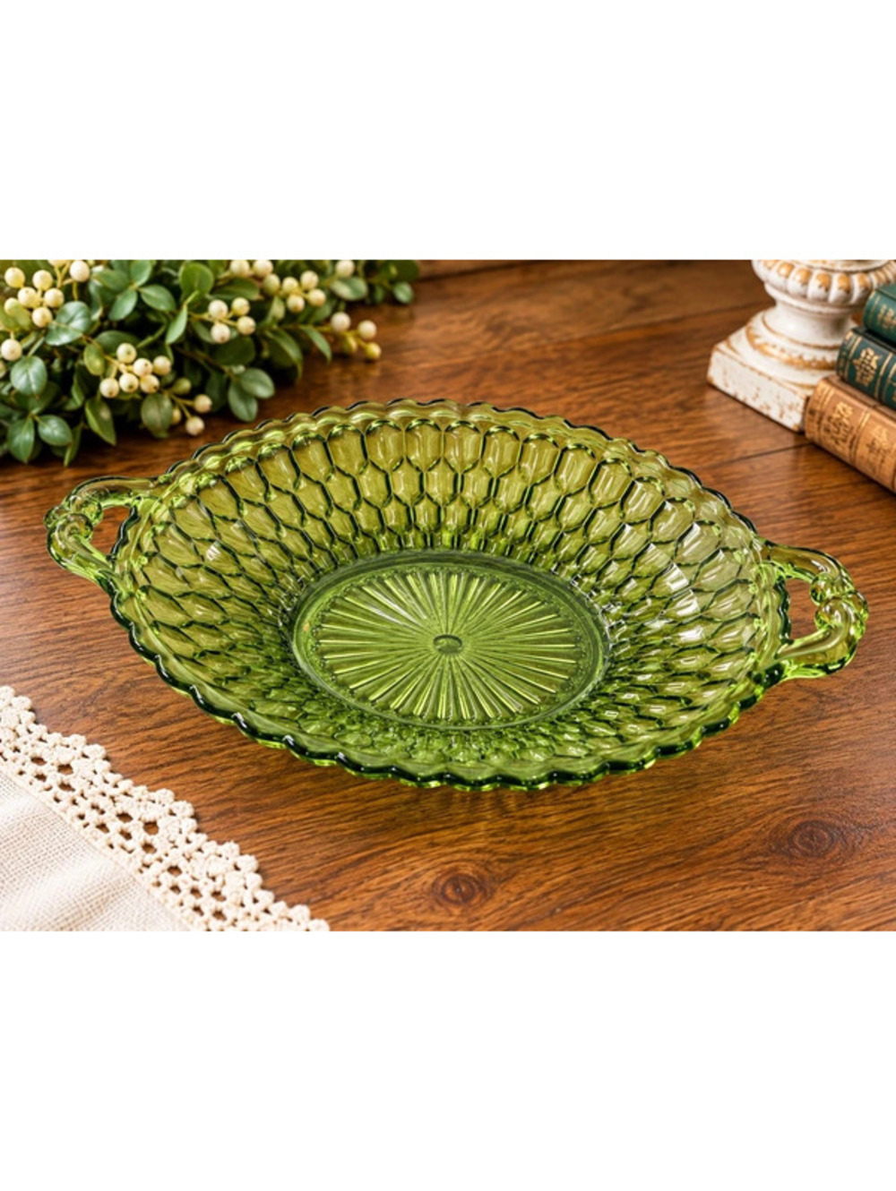 Vintage Avocado Green Pressed Glass Double Handle Serving Bowl